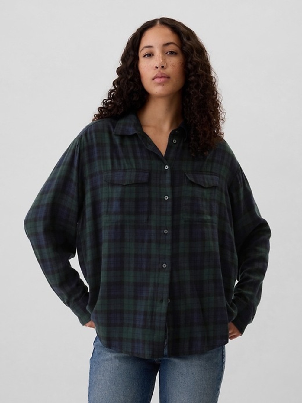 NEW GAP Women’s The Big Shirt Buttoned Green Navy Plaid XL